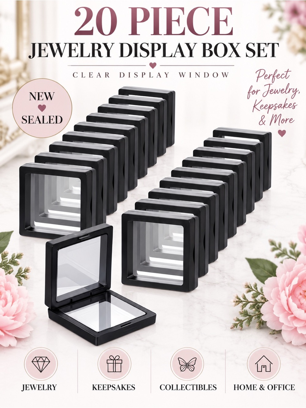 20 Piece Jewelry Display Box Set Black Clear Window New Sealed